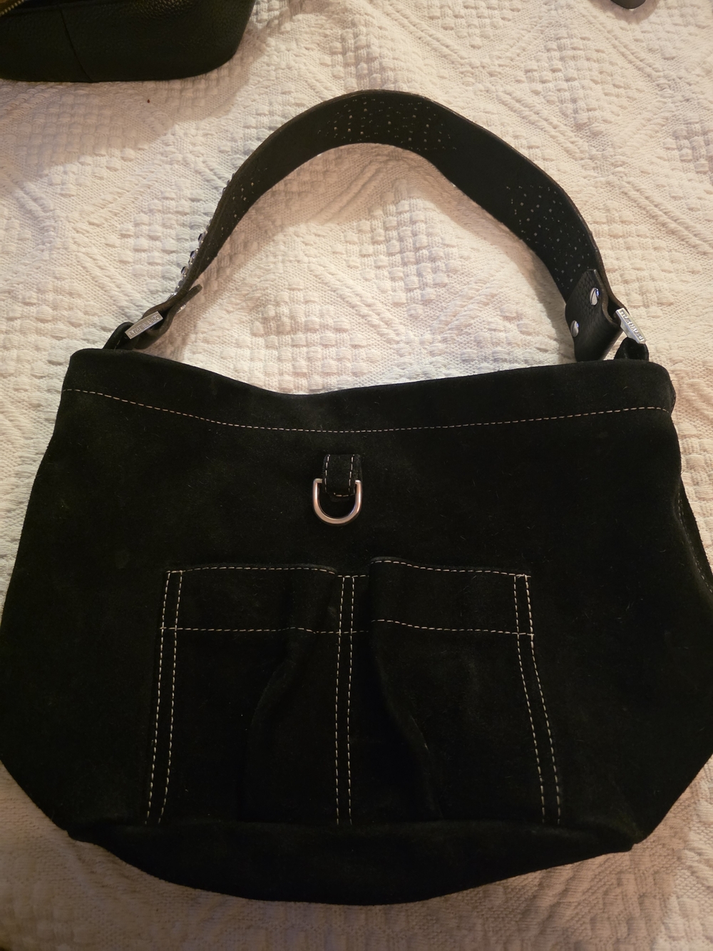 Tylie Malibu Black Suede Shoulder Bag With Embellished Leather Strap